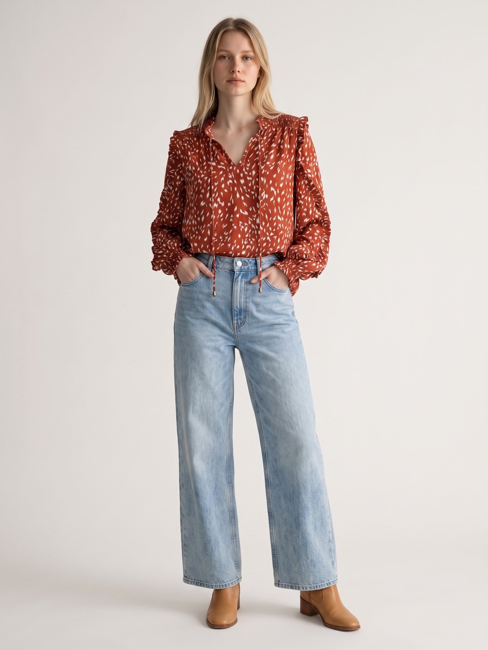 THML Ruffle Trim V-Neck Blouse